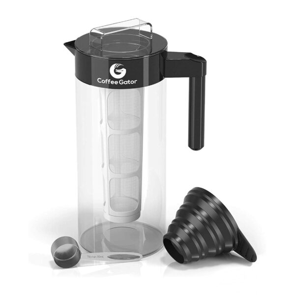 Coffee Gator Cold Brew Coffee Maker - 1.4L Iced Tea and Cold Brew Maker and Pitcher w/Glass Carafe, Filter, Funnel & Measuring Scoop - Grey