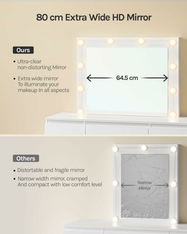 WOLTU Dressing Table with LED Bulb Lights, Adjustable Brightness, Vanity Table Makeup Desk with Large Mirror and 7 Drawers, 110 x 140.5 x 39.5 cm, White Bedroom Dresser Cosmetic Table, MB6099ws