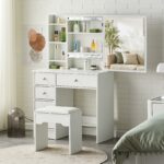 Tukailai White Vanity Dressing Table Set Corner Makeup Desk with 5 Drawers, 1 Slide Mirror, 7 Shelves and Stool Bedroom Furniture