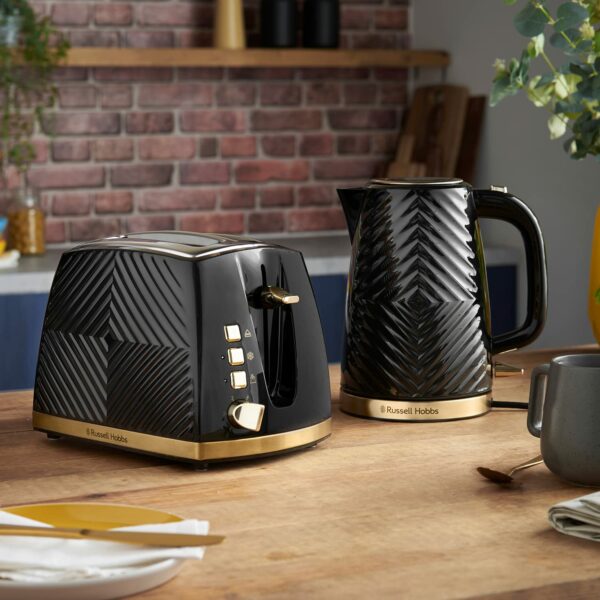 Russell Hobbs Groove Electric 1.7L Cordless Kettle (Fast Boil 3KW, Black textured plastic with brushed gold accents, Removable washable anti-scale filter, Push to open lid, Perfect pour spout) 26380