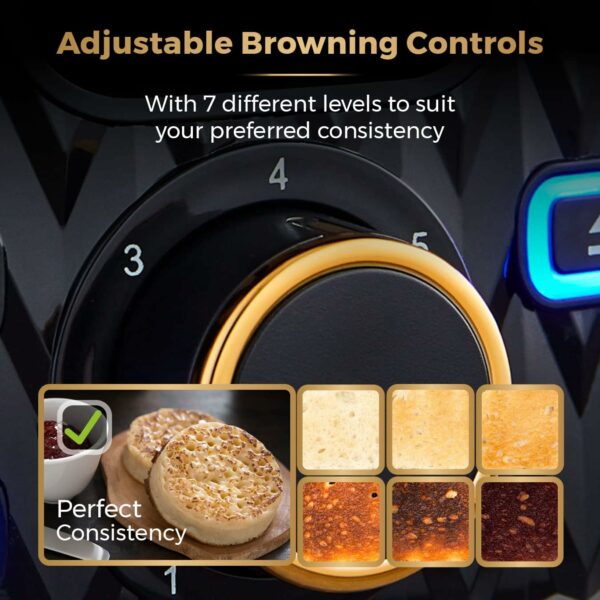 Tower T20054BLK Empire 2 Slice Toaster with Defrost/Reheat, Removable Crumb Tray, 900W, Black and Brass