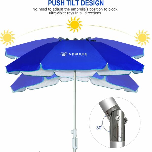 AMMSUN 6.5ft Twice Folded Portable Beach Umbrella with Sand Anchor Windproof,Push Button Tilt and Air Vent UV 50+ Protection Fits in a Large Suitcase for Patio Garden Beach Pool Backyard Blue