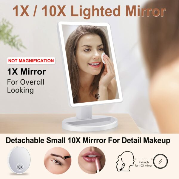 FASCINATE Makeup Vanity Mirror with 3 Color Lighting and Detachable 10X Magnification, 72 Led Lights Adjustable Dimming Touch Sensor, Dual Power Supply, 180° Rotation, Portable Cosmetic Mirror