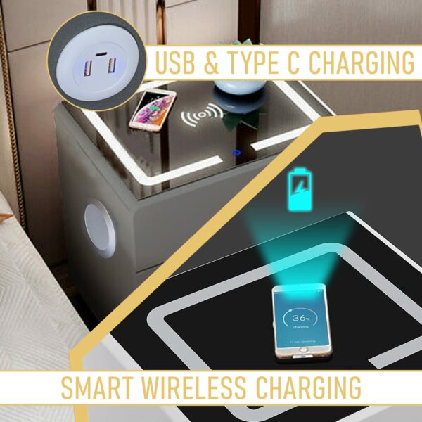 Smart Bedside Table With Smart Fingerprint Lock, 5.0 Bluetooth Speakers, 2 Drawers, Double-Layer Countertop & Built-in Three-Tone Lights, Smart Bedroom Nightstand with Wireless Charging