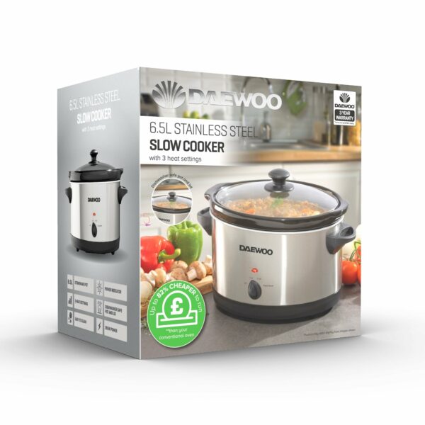 Daewoo 6.5L Slow Cooker – Large Family Size Electric Cooker with Removable Ceramic Pot & Glass Lid, 3 Heat Settings (Low, High, Keep Warm), Energy Efficient, Ideal for Stews & Curries, Black