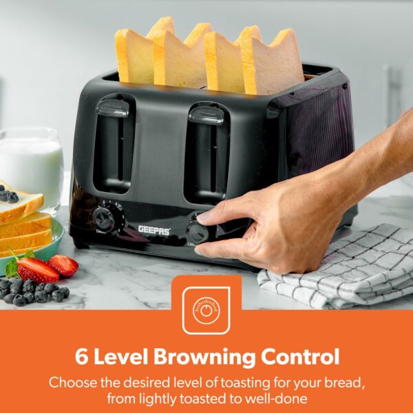 Geepas 4 Slice Bread Toaster with 6 Level Browning Control | Removable Crumb Tray, Cancel Function