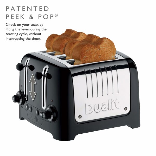 Dualit 4 Slice Lite Toaster | 2kW Toasts 120 Slices an Hour | Polished with High Gloss Black Trim | Bagel & Defrost Settings | 36 mm Wide Slots | 46205