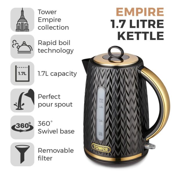 Tower T10052BLK Empire 1.7 Litre Kettle with Rapid Boil, Removable Filter, 3000W, Black with Brass Accents