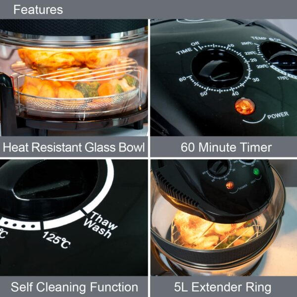 Quest 43850 Multi-Function Halogen Oven / Healthy Air Fryer / 17L Capacity with 5L Extender Ring / 60 Minute Timer / Self-Cleaning Function / 125-250°C Temperature Control