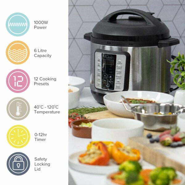 Quest 63009 Pressure Cooker Electric 6L / 12-in-1 Multi-Function Cooker/Stainless Steel Housing / 1000W / Slow Cook, Steam, Roast, Keep Warm & More/Recipe Book Included