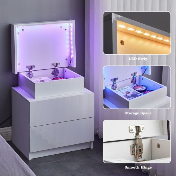 Tukailai Set of 2 White Bedside Table with 2 Drawers and Top Storage, Modern Gloss Front Bedside Cabinet with LED Lights