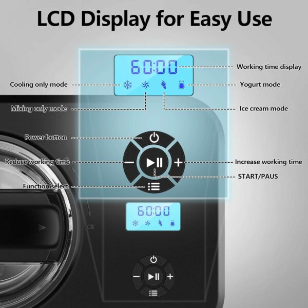 KUMIO 1.5L Ice Cream Maker with Compressor, No Pre-Freezing, 4 Modes Ice Cream Maker Machine with LCD Display, Timer, Automatic Gelato & Yogurt Machine, Stainless Steel