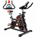 Jupgod Stationary Exercise Bike, Indoor Cycling Bike with Slient Flywheel, LCD Monitor, Comfortable Seat, Indoor Cycling Bike for Home Training Cardio, Black Red