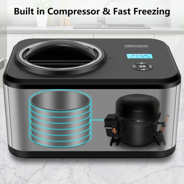 KUMIO 1.5L Ice Cream Maker with Compressor, No Pre-Freezing, 4 Modes Ice Cream Maker Machine with LCD Display, Timer, Automatic Gelato & Yogurt Machine, Stainless Steel