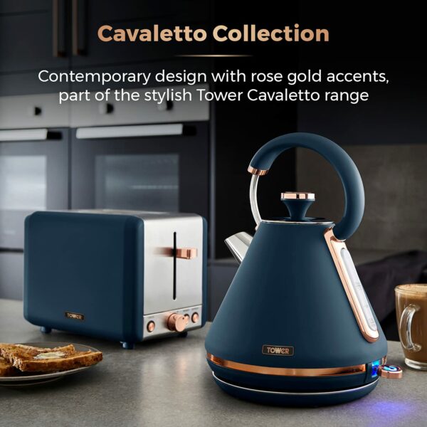 Tower T10044MNB Cavaletto Pyramid Kettle with Fast Boil, Detachable Filter, 1.7 Litre, 3000 W, Midnight Blue and Rose Gold