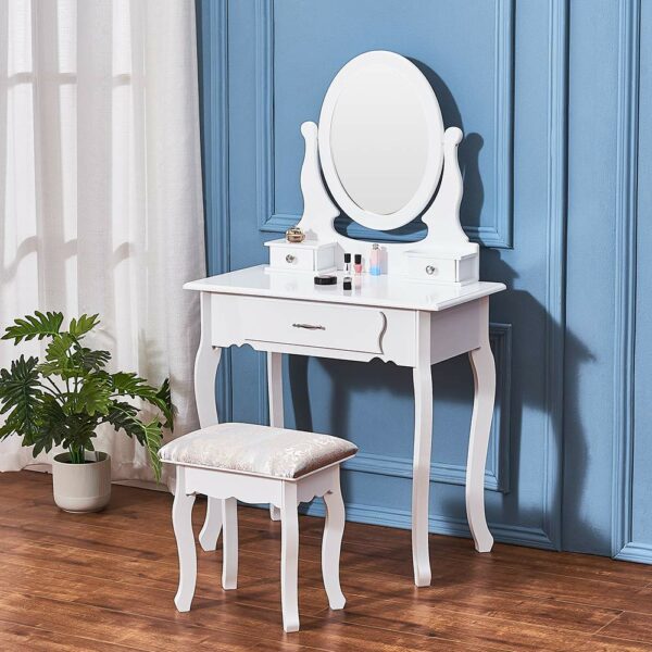Panana Vanity Table Set with Mirror and Cusion Stool Dressing Table Makeup Table with 3 Drawers, White