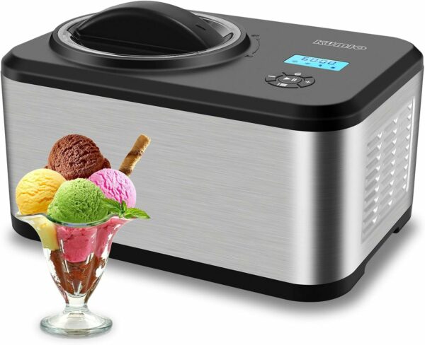 KUMIO 1.5L Ice Cream Maker with Compressor, No Pre-Freezing, 4 Modes Ice Cream Maker Machine with LCD Display, Timer, Automatic Gelato & Yogurt Machine, Stainless Steel
