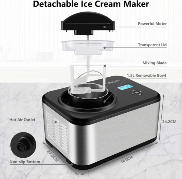 KUMIO 1.5L Ice Cream Maker with Compressor, No Pre-Freezing, 4 Modes Ice Cream Maker Machine with LCD Display, Timer, Automatic Gelato & Yogurt Machine, Stainless Steel
