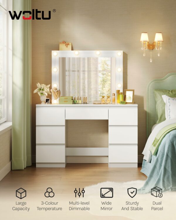 WOLTU Dressing Table with LED Bulb Lights, Adjustable Brightness, Vanity Table Makeup Desk with Large Mirror and 7 Drawers, 110 x 140.5 x 39.5 cm, White Bedroom Dresser Cosmetic Table, MB6099ws