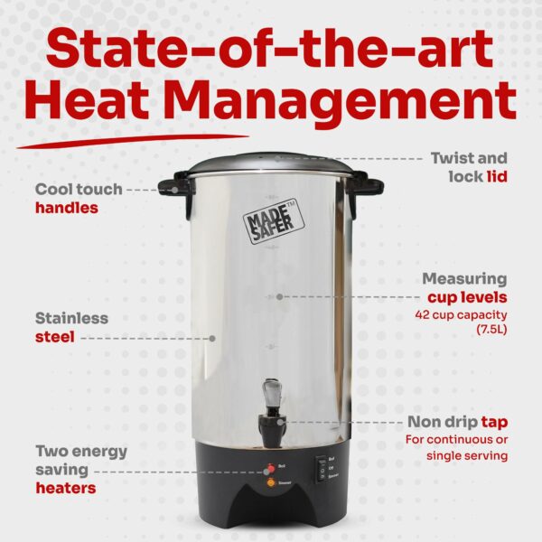 Made Safer - Hot Water Urn, Boiling Dispenser for Tea & Drinks, Low Energy & Versatile Boiler, Designed in the UK, 7.5L (40 Cups)