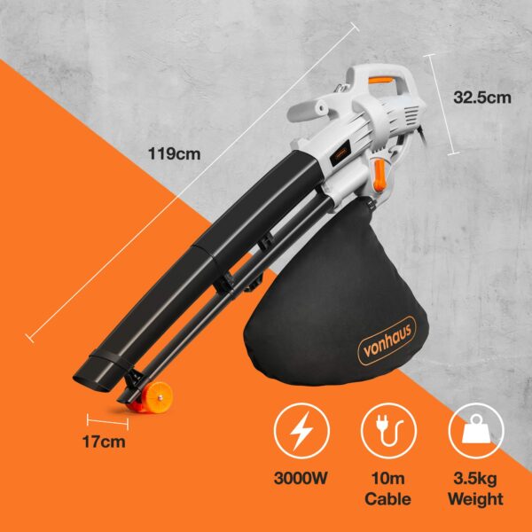 VonHaus Leaf Blower and Vacuum 3000W – Corded Leaves Collector, Clear Gardens, Patios, Gutters, Driveways & More – Lightweight, 10m Cable, Shoulder Strap, Wheels, 35L Collection Bag – 3 Year Warranty