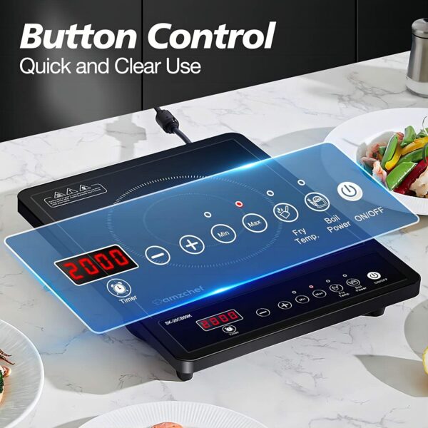 AMZCHEF Single Induction Hob, Portable Induction Hob, 10 Temperature Settings and Power levels from 300W to 2000W, Black Frosted Glass Panel,Sensitive Press Control, 3-hour Timer