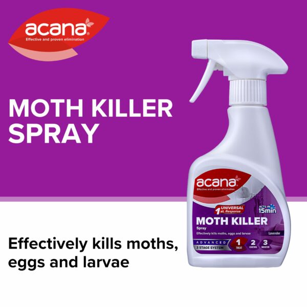 Acana Moth Killer & Freshener, Lavender, 275ml - Spray Formula, Kills Moths, Eggs & Larvae - Licensed Insecticide - Non-staining - for Carpets, Curtains & Cushions