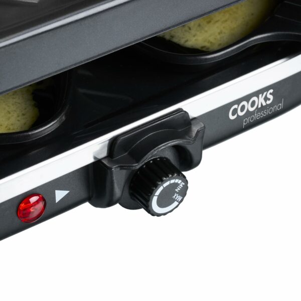 Cooks Professional Electric Raclette Grill with Traditional Hotplate – 8 Cheese Fondue Pans, Wooden Spatulas, 1200W, Thermostat Control – Perfect for Parties & Even Cooking