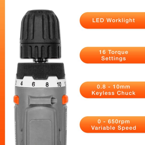 Terratek Cordless Drill Driver 18V Lithium-Ion, 13Pc Electric Screwdriver Set, LED Work Light, Electric Drill Quick Change Power Drill Battery and Charger Included