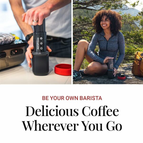 Aeropress Go Portable Travel Coffee Press Kit, 1-3 Cups in a Minute, Coffee, Espresso, & Cold Brew Maker, Manual Coffee Making Machine for Travel, Includes Mug & Lid, Grey
