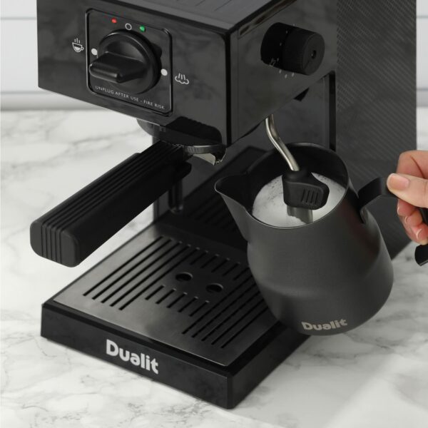 Dualit Espresso Coffee Machine | 1.4L Capacity | Black | Manual Dosing Coffee Maker| Filter Holder, Frother & Water Softener Bag Included | 84470