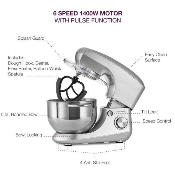 Andrew James Stand Mixer for Baking Food Mixer | 1300W Max | Large 5.5 Litre Bowl 6 Speed Pulse Mode | Kitchen Cake Mixers | Flexi-Beater Dough Hook Balloon Whisk Removable Splash Guard