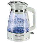 Russell Hobbs Carafe Style 1.7L Cordless Electric Glass Kettle with white handle, lid & base and blue internal illumination (Fast boil, 3KW, Anti-scale filter, Pull off lid, unique glass spout) 26081