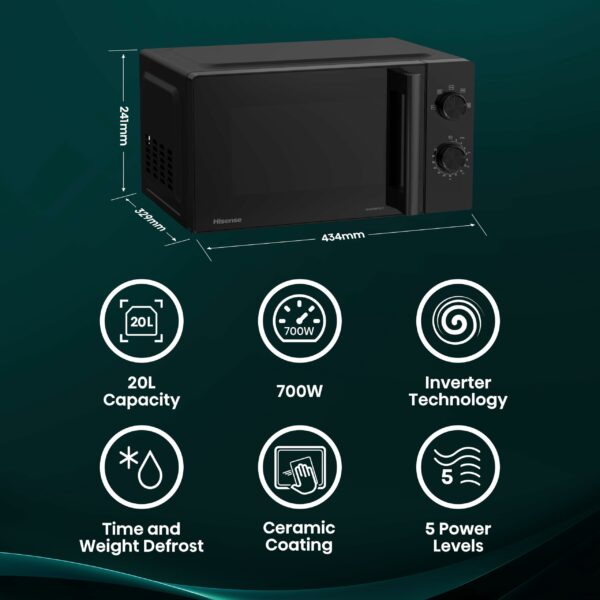 Hisense 700 Watts 20 Litre Inverter Microwave Oven H20MOBP1HIUK Black, Automatic Defrost, 5 power levels, Easy Clean, H24.1 x W43.4 x D32.9 cm Freestanding