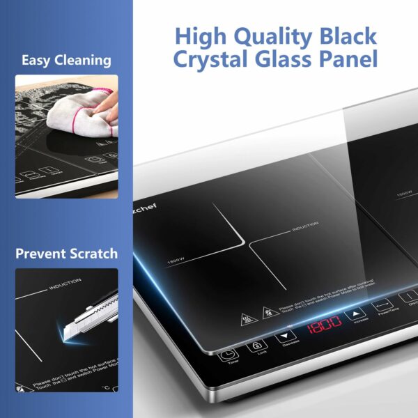 AMZCHEF Double Induction Hob, Induction Cooker with Portable Ultra-thin Body, Independent Control,10 Temperature, Multiple Power Levels, 2800W, 3-Hour Timer, Safety Lock