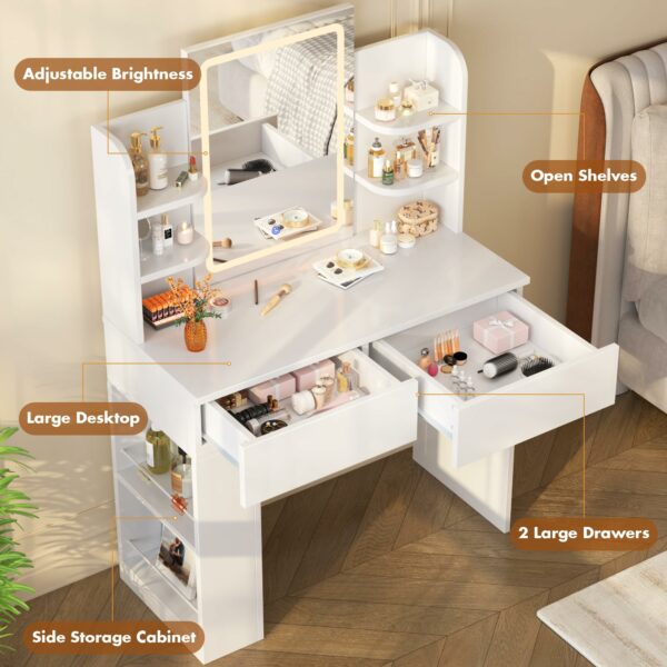 Devoko Dressing Table with LED Lighting Mirror,3 Light Colors,Adjustable Brightness,Vanity Table,Makeup Desk with 2 Drawers and 4 Storage Shelves, 90 x 40 x 135 cm, Modern White