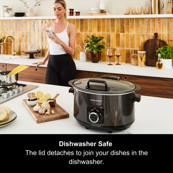 Morphy Richards 6.5L Sear and Stew Slow Cooker with Detachable Hinged lid, Shatter Resistant Aluminium Pot, 3 Heat Settings, Hob Proof, Easy Clean, 163W, Black, 461020