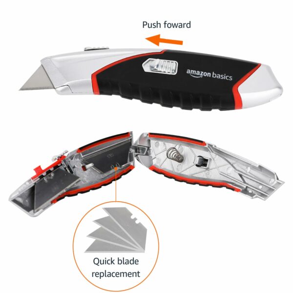 Amazon Basics Heavy Duty Retractable Auto-Load Ergonomic Utility Knife 3-Position Locking Blade with 4 Replaceable Blades