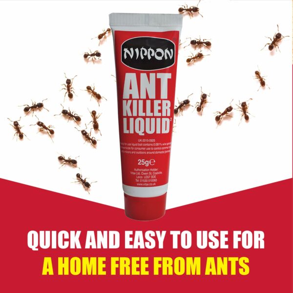 Nippon Ant Killer Liquid Insect Control, Suitable For Use Indoors And Outdoors, Kills Ants & Their Entire Colony, Usable With Bait Station Or Standalone - 25G