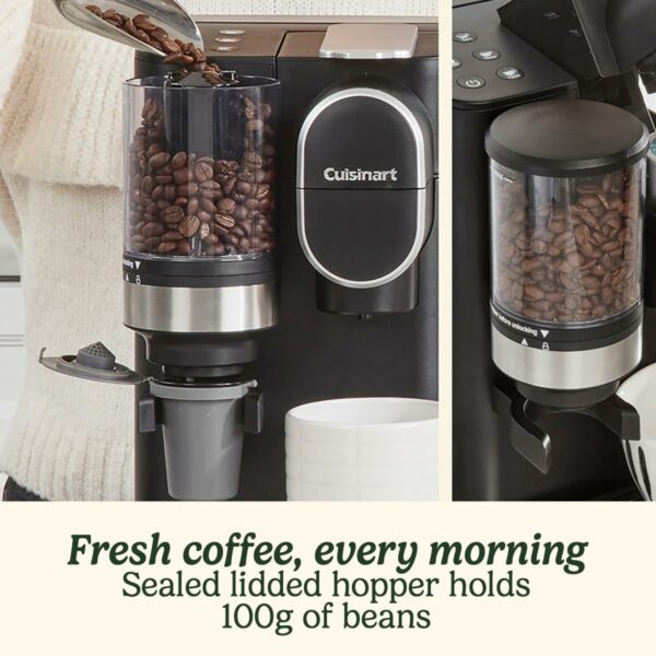 Cuisinart One Cup Grind And Brew Coffee Machine, Bean to cup, Single serve Filter coffee, Stainless steel conical burr grinder, Adjust coffee strength, 3 cup sizes, Reusable filter pod, Black