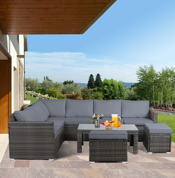 Panana Rattan Garden Sofa Set 8 Seater Outdoor Lounge Sofa with Coffee Table and Stools