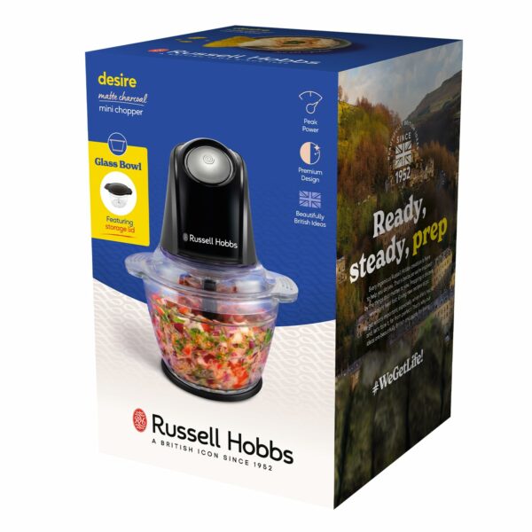 Russell Hobbs Food Processor [Mini Chopper] Electric Dicer (For Vegetables, Fruit, Meat, Garlic, Onion, 1L Bowl, Dishwasher Safe, 2 Speeds,Stainless Steel Blades, 350 peak power) Matte Charcoal 27131