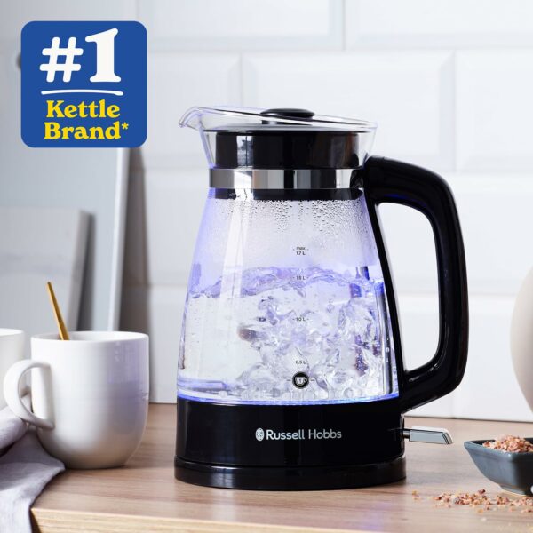 Russell Hobbs Carafe Style 1.7L Cordless Electric Glass Kettle with black handle, lid & base and blue internal illumination (Fast boil, 3KW, Anti-scale filter, Pull off lid, unique glass spout) 26080