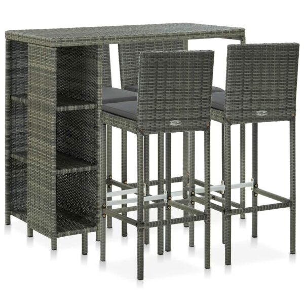 vidaXL Garden Bar Set 5 Piece with Cushions Outdoor Patio Terrace Furniture Dining Table and Chair Seat Bistro Set Poly Rattan Grey