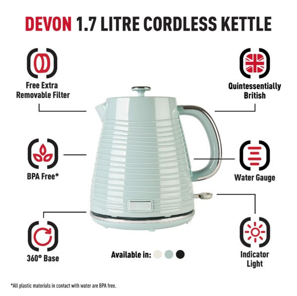 Haden Devon Green Kettle - 1.7L Capacity, BPA-Free - Auto-shutoff & Boil-Dry Protection - Cordless Design - 3000W Fast Boil Kettle - Removable Filter