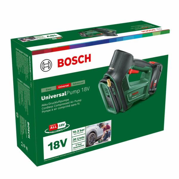 Bosch Home and Garden Electric Air Pump/Air Compressor UniversalPump 18V (1x 2,0 Ah Battery; 18 Volt System; for Car, Motorcycle and Bicycle Tyres; 150 PSI; 10.3 Bar; in Carton Packaging)