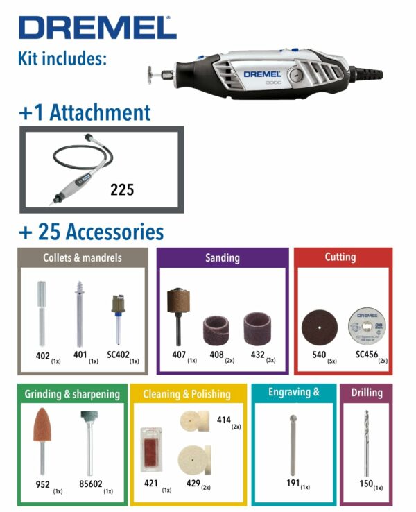 Dremel 3000 Rotary Tool 130 W, Multi Tool Kit with 1 Attachment 25 Accessories, Variable Speed 10.000-33.000 RPM