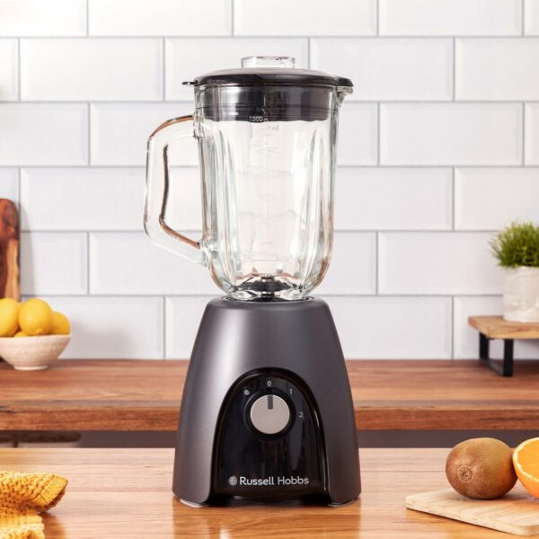 Russell Hobbs Jug Blender [Smoothie Maker] Mixer for Juices & Baby Food (1.5L Glass Jar, 2 speeds & pulse settings, Stainless-steel blades, BPA-free, 850W Peak Power) Matte Charcoal 27121