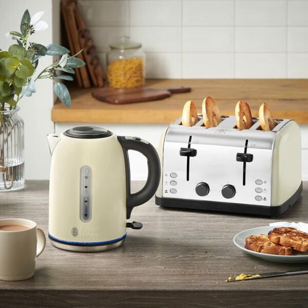 Russell Hobbs Cream Stainless Steel Electric 1.7L Cordless Kettle (Quiet & Fast Boil 3KW, Removable washable anti-scale filter, Push button lid, Perfect pour spout) 20461