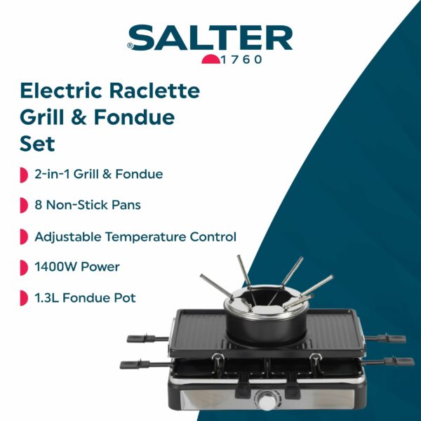 Salter EK4513 Electric Raclette Grill & Fondue - 2 In 1 Indoor Grill, 1.3L Chocolate Melting Pot, 6 Forks, Cheese Fondue Set, Adjustable Temperature Control, 8 Non-Stick Pans & Wooden Spatulas, 1400W